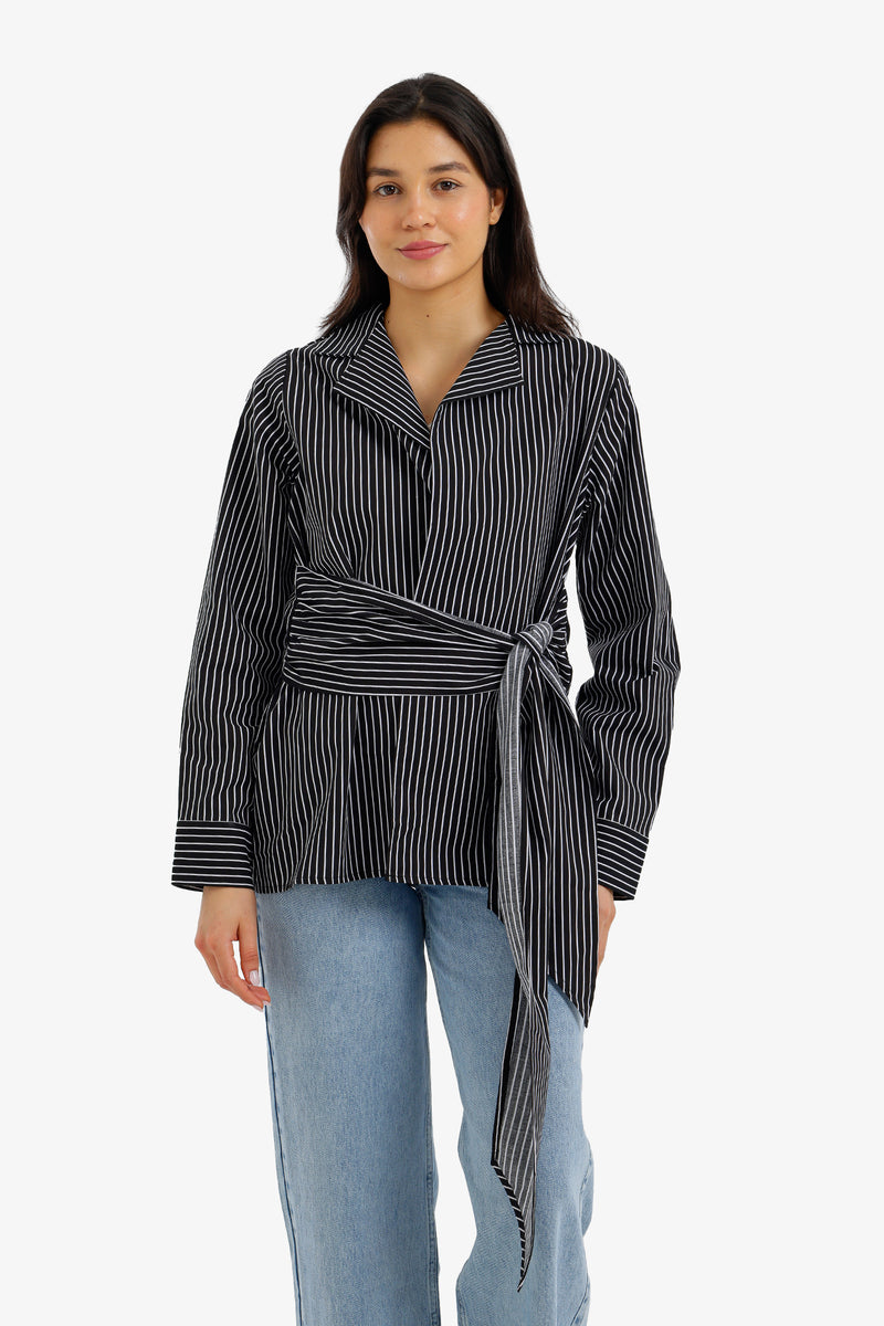 Striped Belted Shirt - Black
