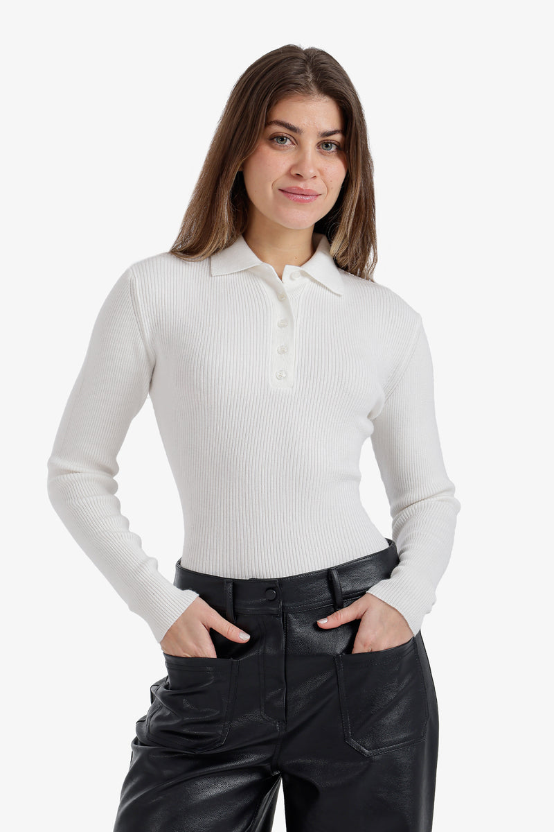 Ribbed Polo Collar Bodysuit – Off White