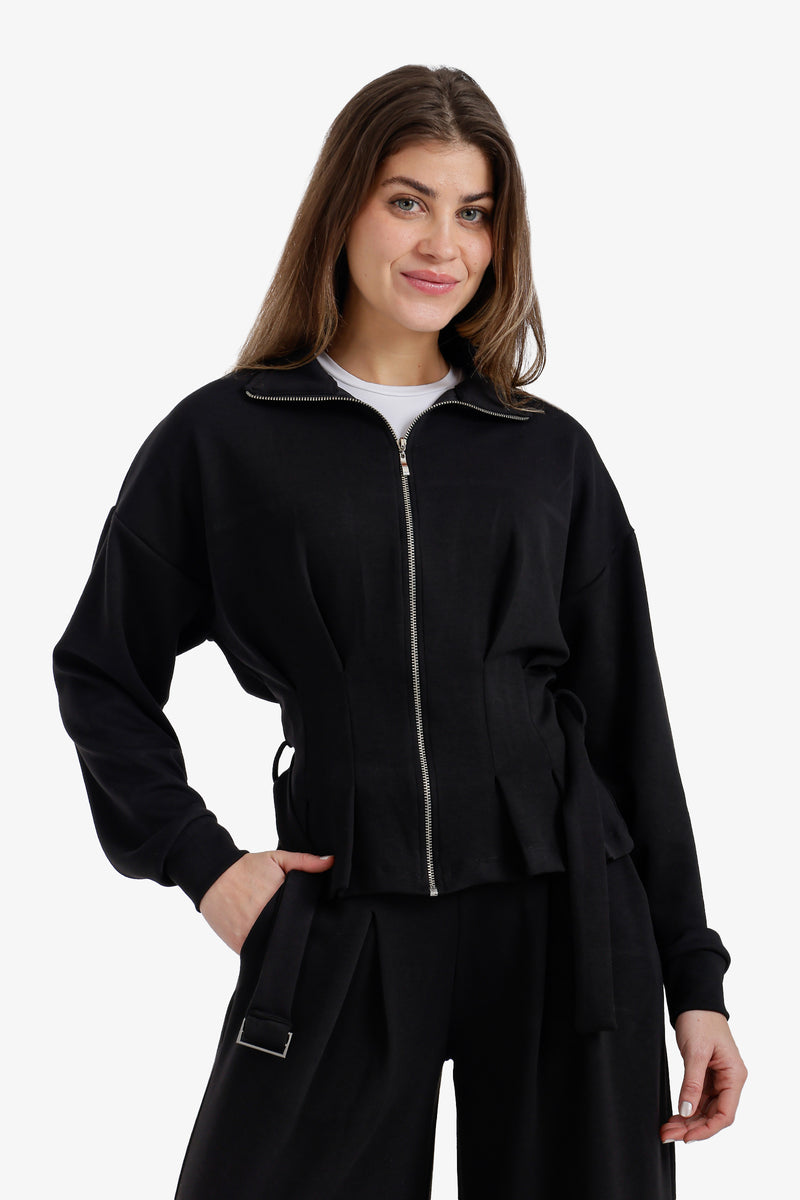 Solid Zip-Up Belted Lounge Jacket – Black