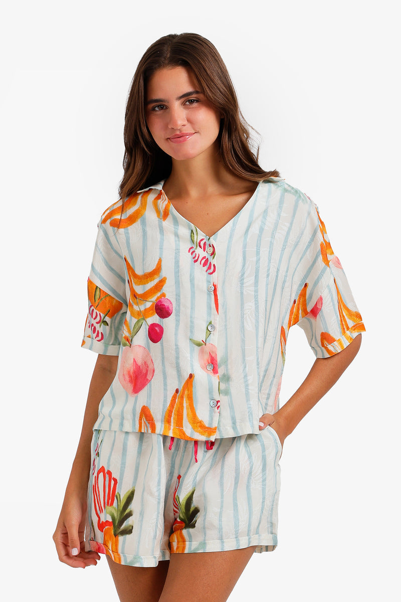 Fruit Print Striped Pajama Set – Multicolor