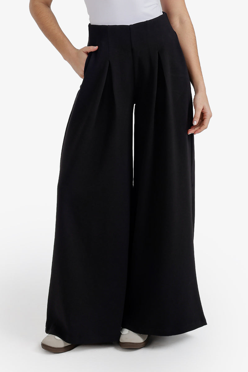 Pleated Ultra-Wide Leg Lounge Pants – Black
