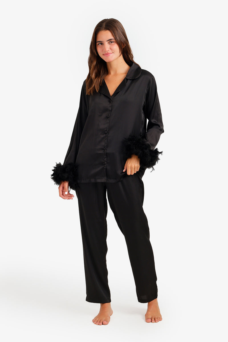 Satin Feather Cuff Pajama Set – Black