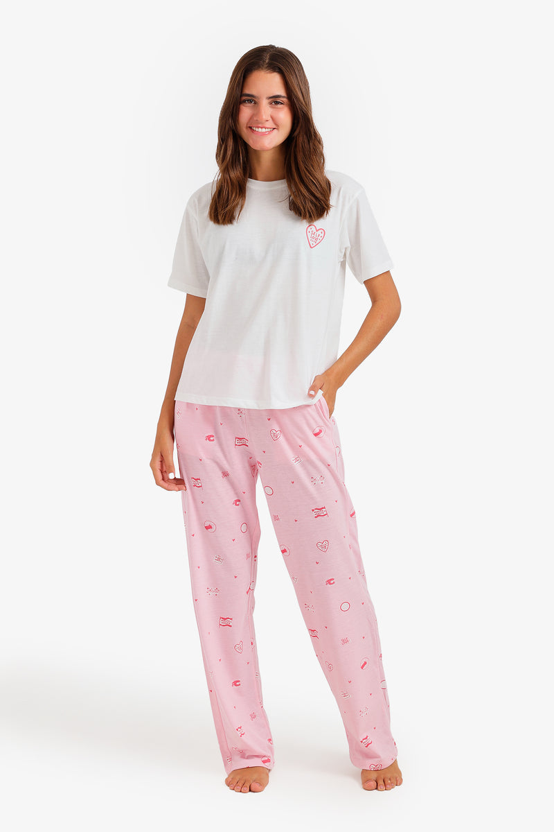 Graphic Wide-Leg Pajama Set – Pink