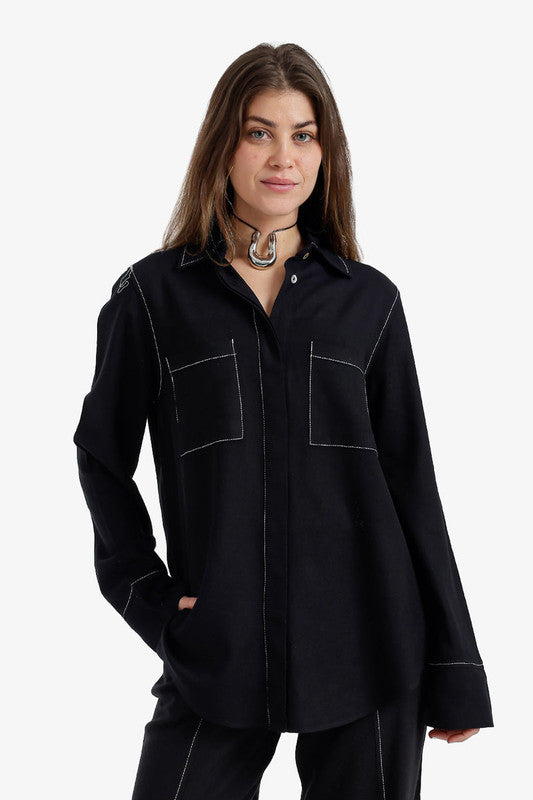 Contrast-Stitch Utility Shirt – Black