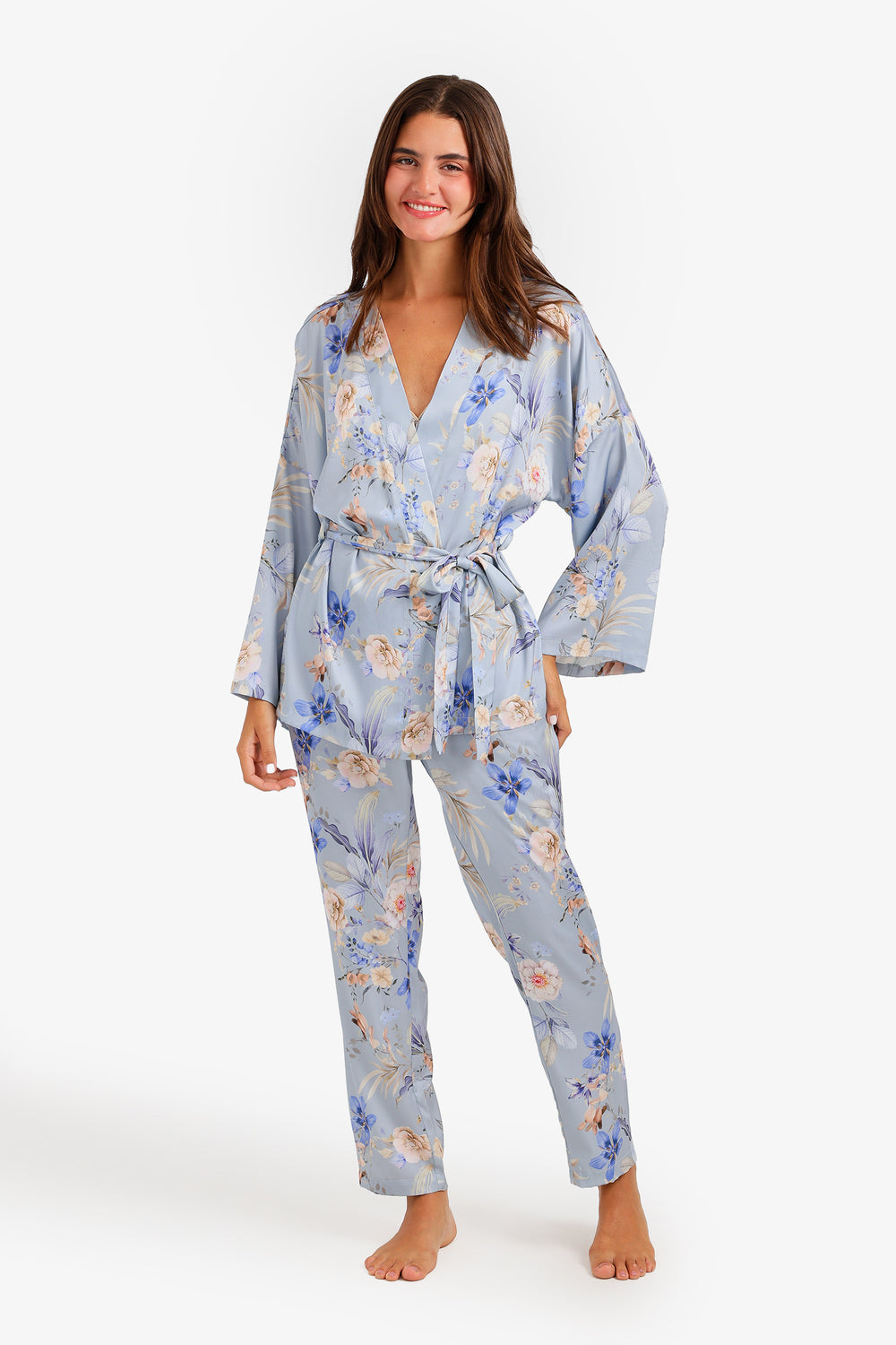 Floral Satin 3-Piece Pajama Set – Light Blue
