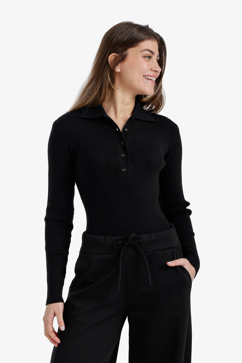 Ribbed Polo Collar Bodysuit – Black