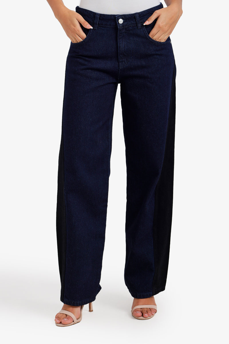 Two-Tone Wide-Leg Denim Pants – Navy