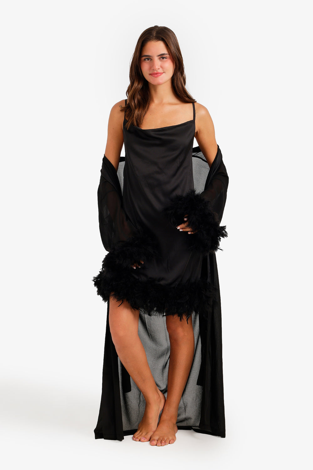 Feather Trim Satin Nightgown Set – Black