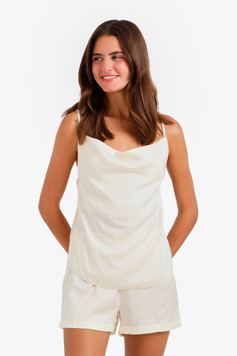 Sheer-Back Satin Pajama Set – Off White