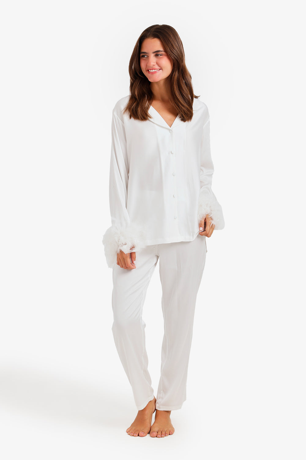Satin Feather Cuff Pajama Set – White