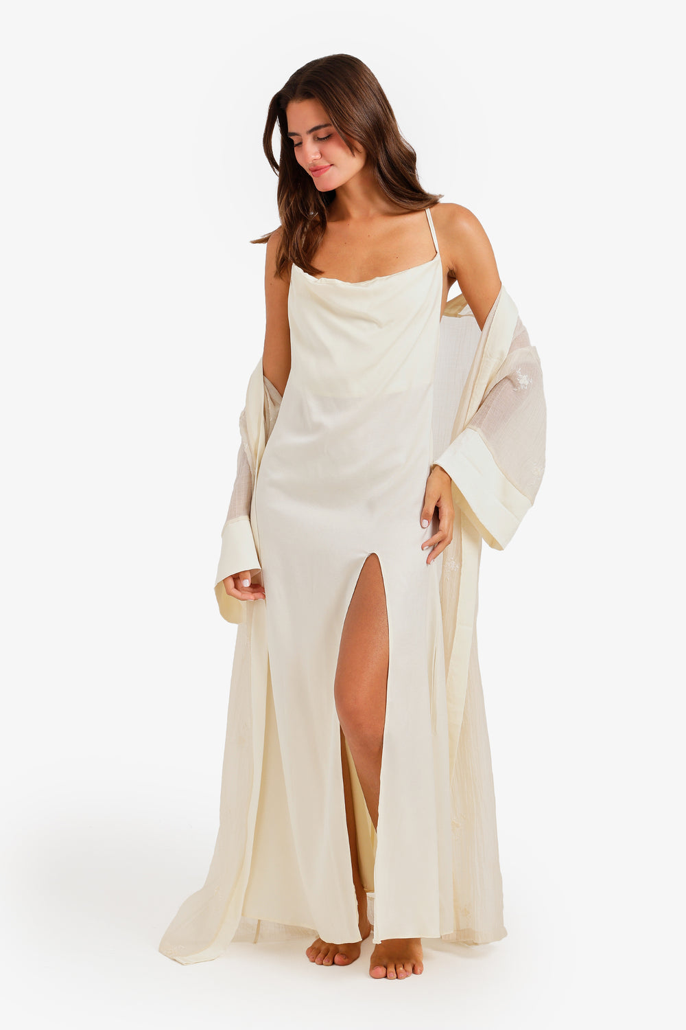 Embroidered Crinkle Nightgown Set – Off White