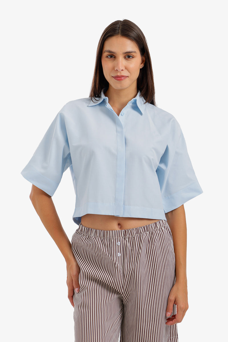 Cropped Hidden-Placket Shirt - Light Blue