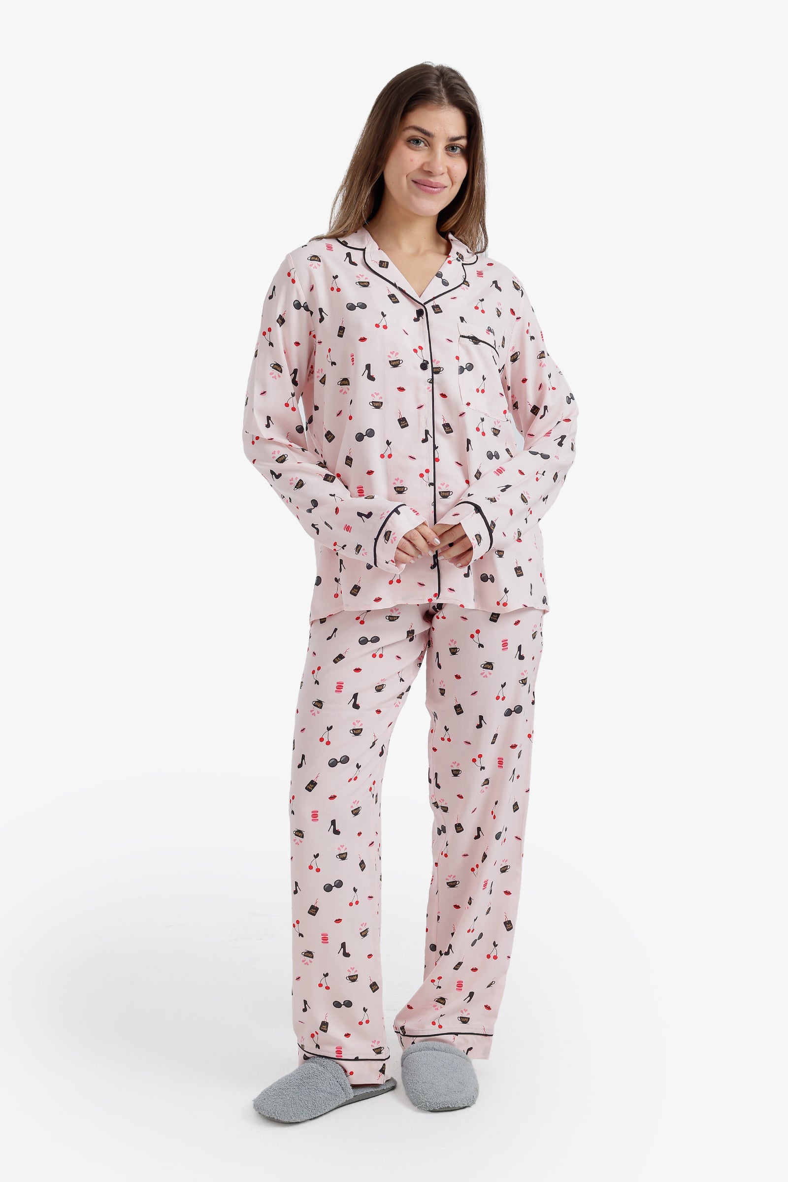 All-Over Printed Notch Collar Pajama Set – Multicolor