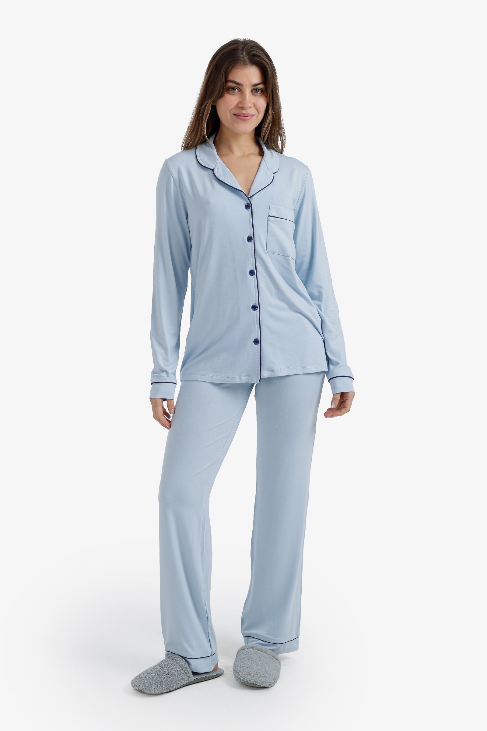 Solid Contrast Piping Pajama Set – Pastel Light Blue