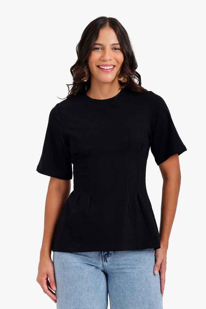 Pleated Peplum Top - Black