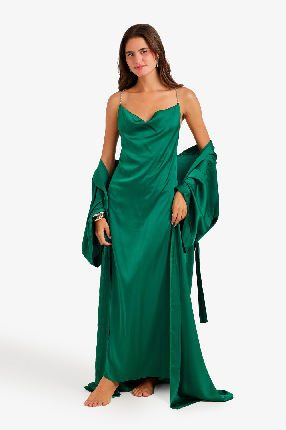 Cowl Neck Satin Nightgown Set – Classic Green