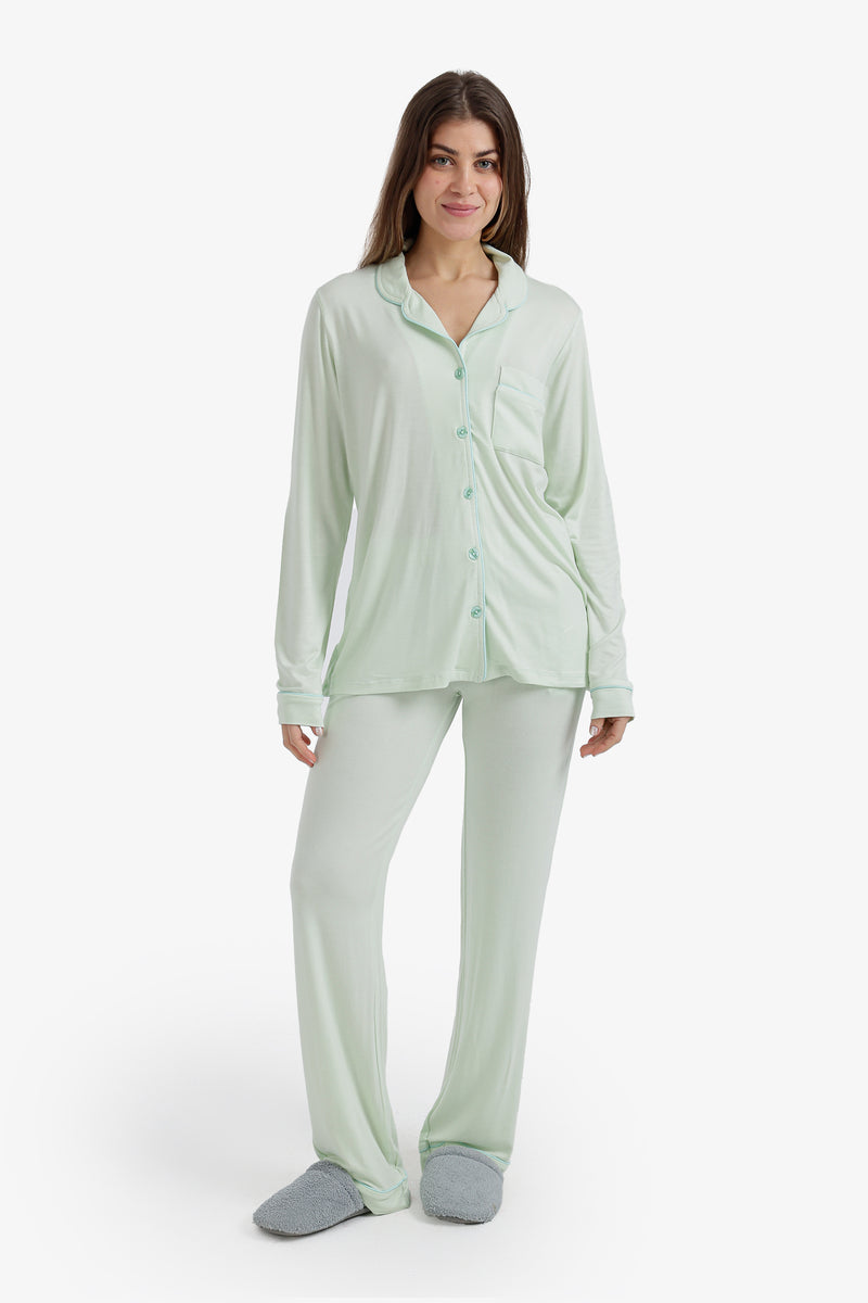 Solid Contrast Piping Pajama Set – Mint Green