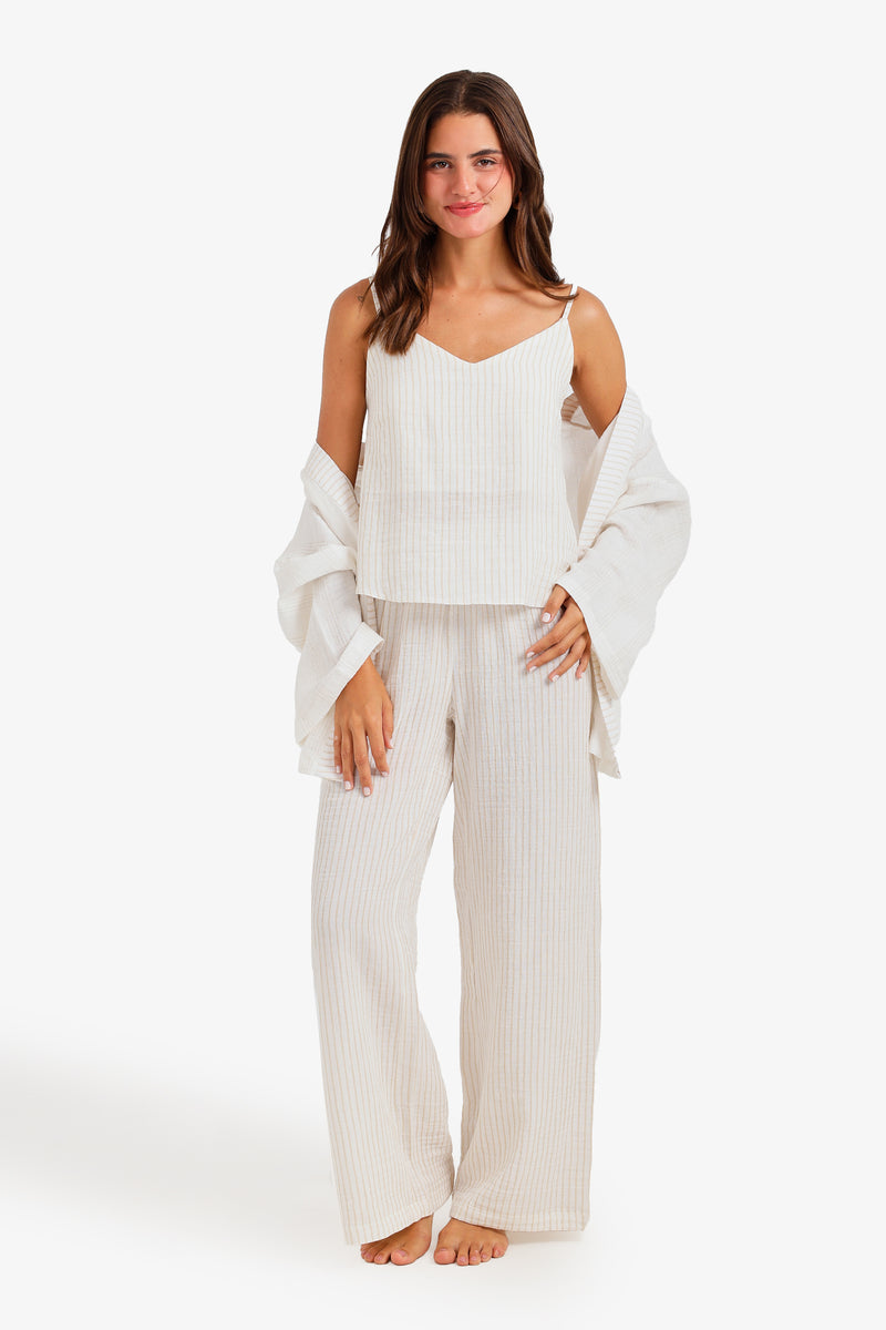 Pinstripe 3-Piece Cotton Pajama Set – Off White