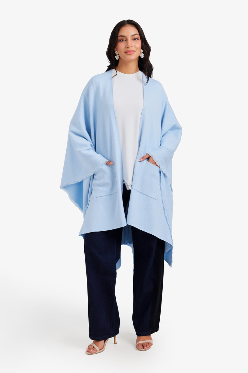 Fringed Open-Front Pocket Poncho – Light Blue