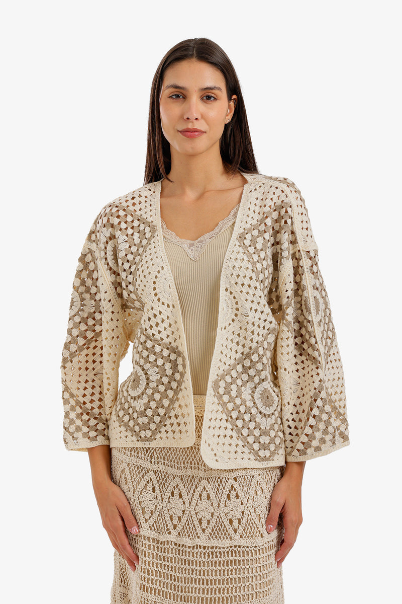 Two-Tone Crochet Kimono - Beige