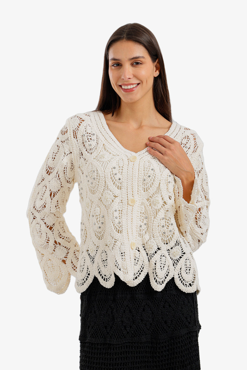 Pearl-Embellished Beach Kimono - Off White