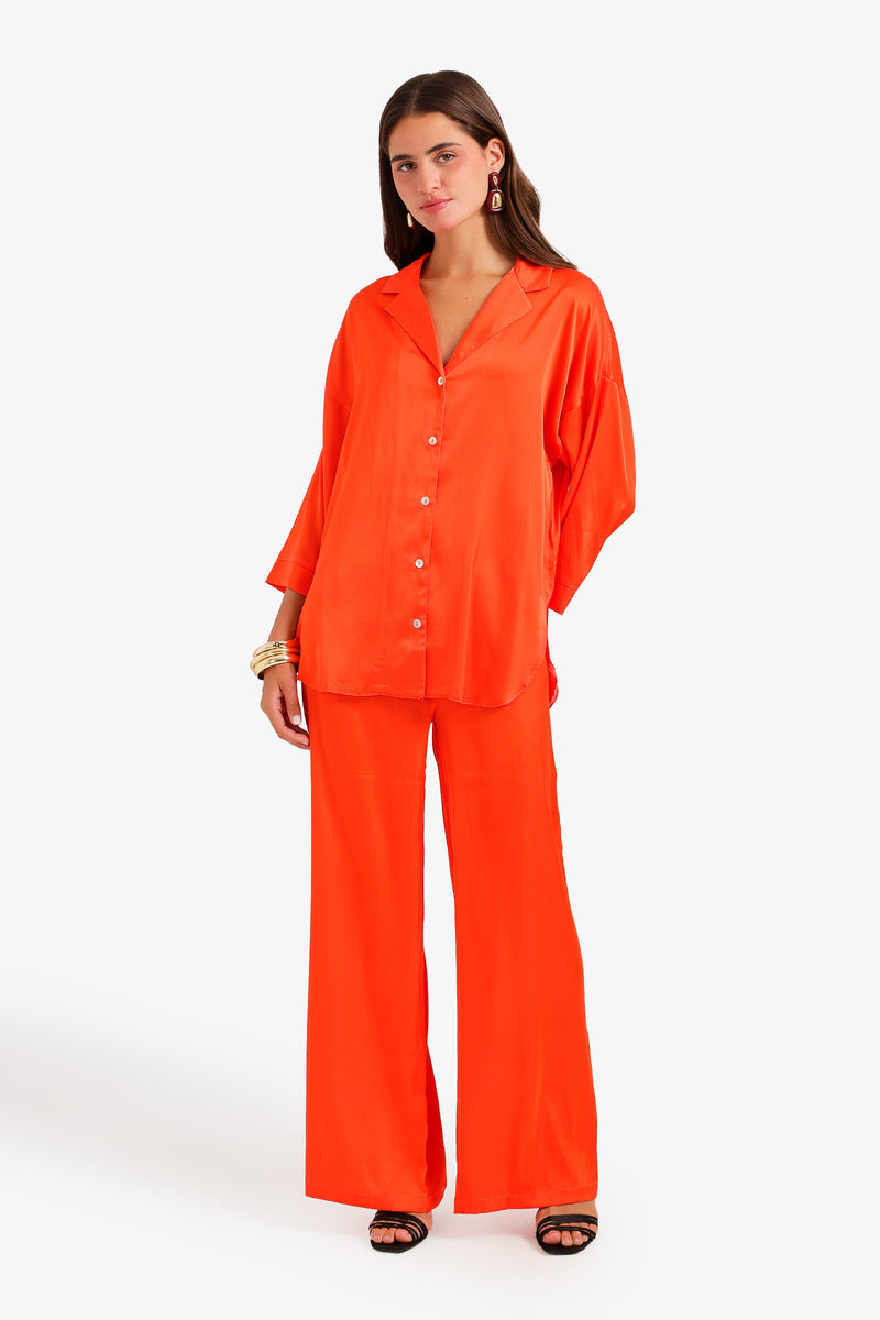 Solid Contrast-Button Satin Set – Orange