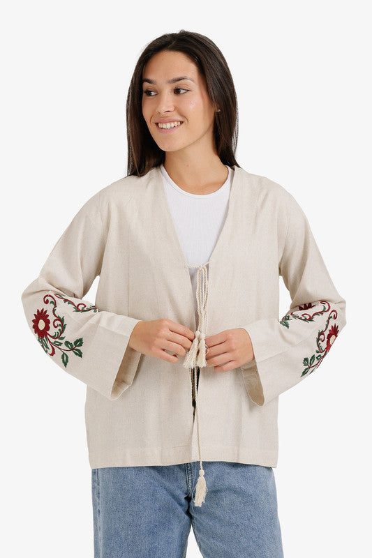 Tassel Tie-Front Kimono Floral Embroidery – Beige