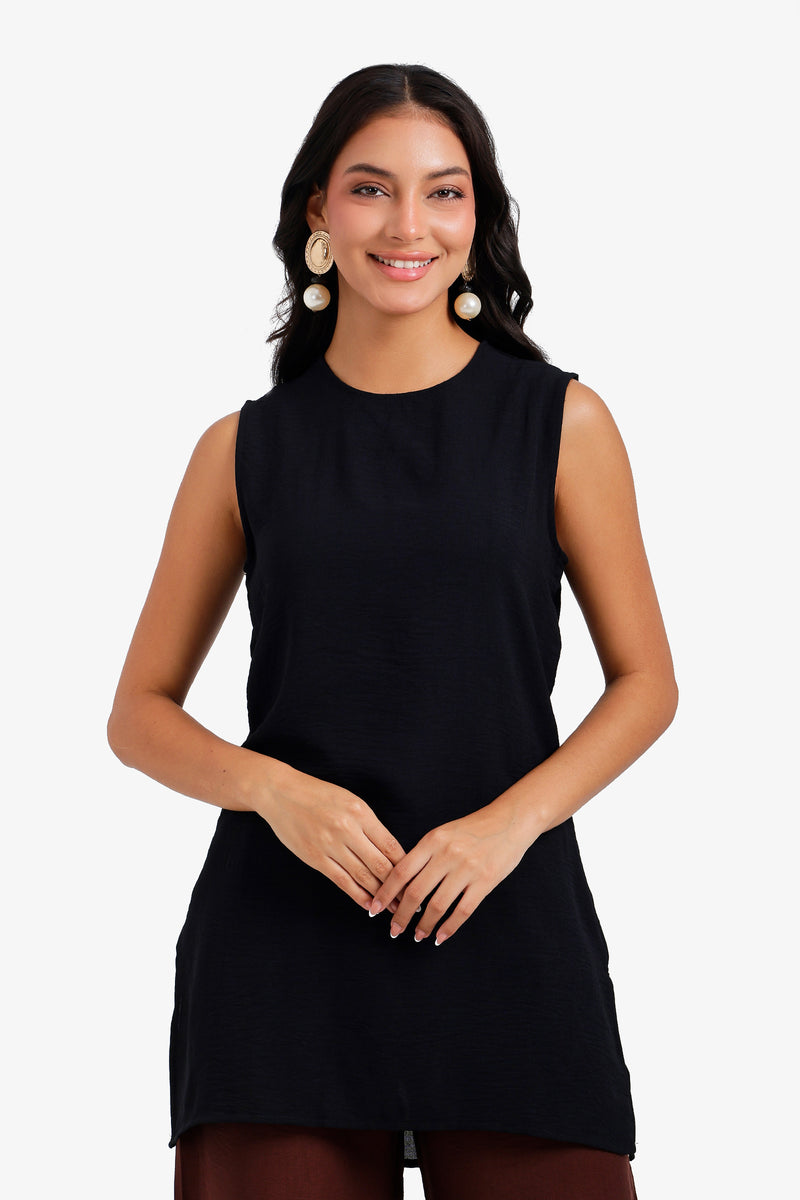 Keyhole Longline Sleeveless Blouse – Black