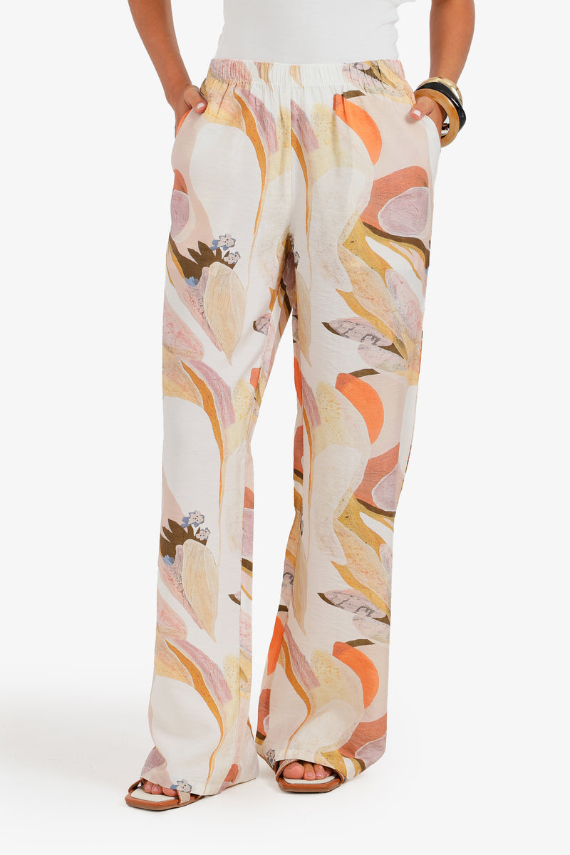 Artistic Botanical Wide-Leg Pants - Beige