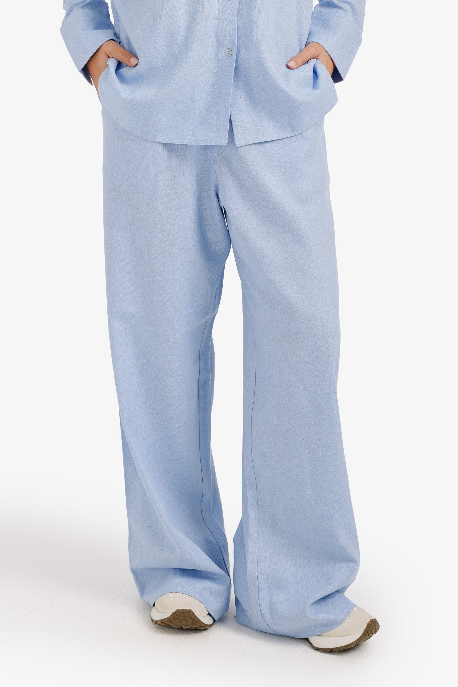Plain Elastic Wide-Leg Pants – Light Blue