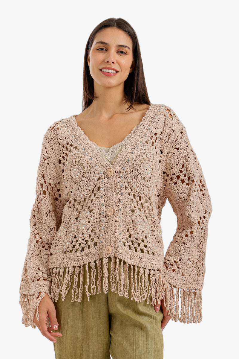 Fringed Crochet Kimono - Coffee