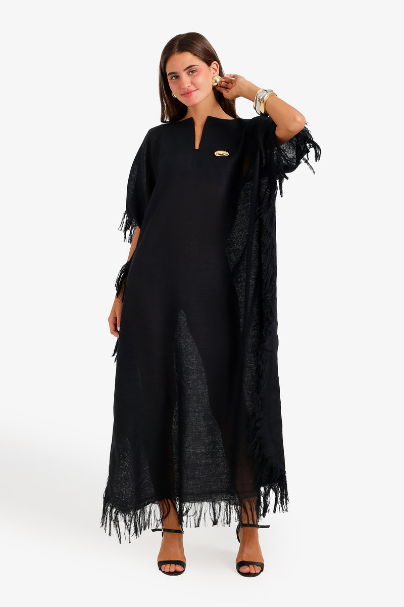 Solid Fringed Trim Maxi Dress – Black