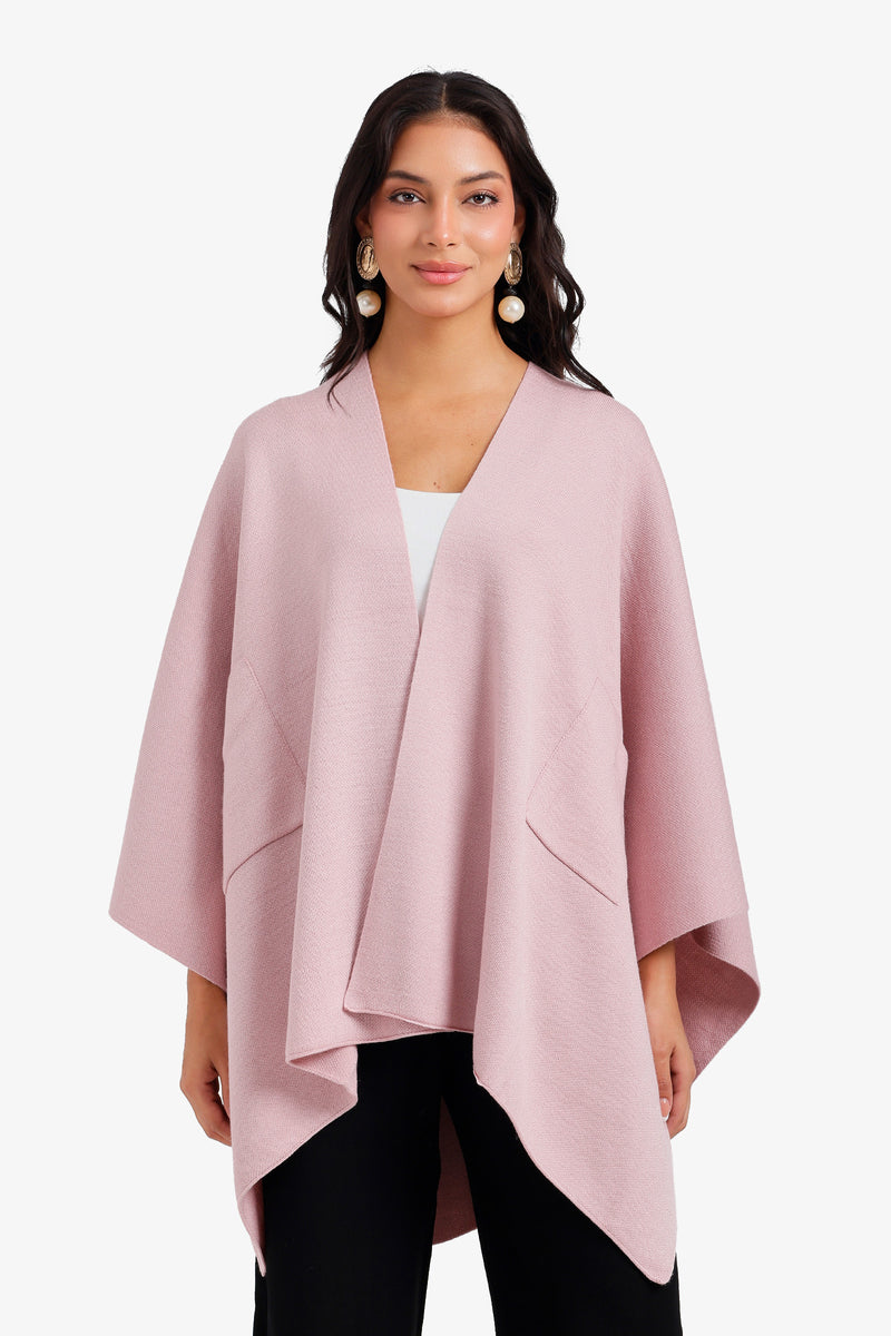 Plain Asymmetrical Pocket Poncho – Pink