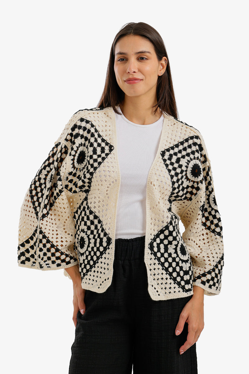 Two-Tone Crochet Kimono - Black