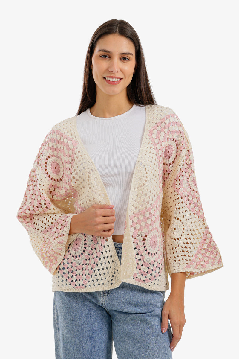 Two-Tone Crochet Kimono - Light Pink