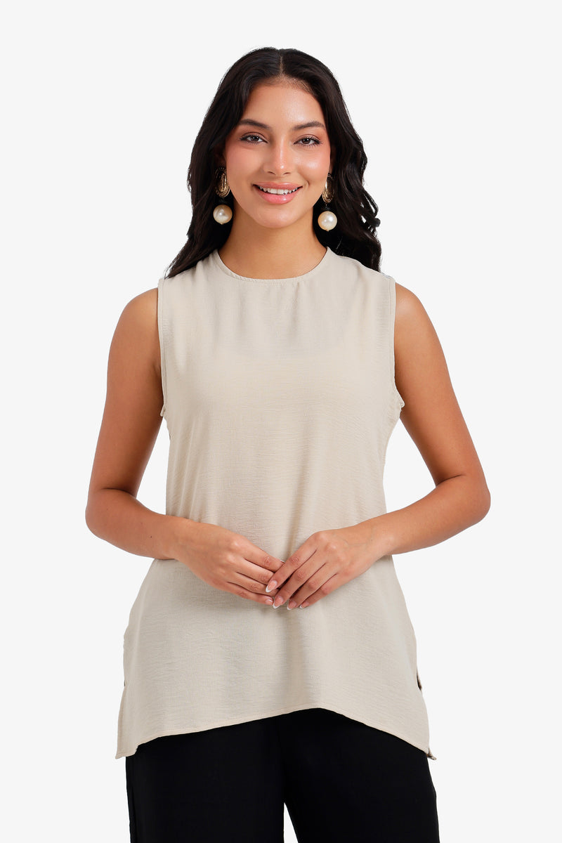 Keyhole Longline Sleeveless Blouse – Beige