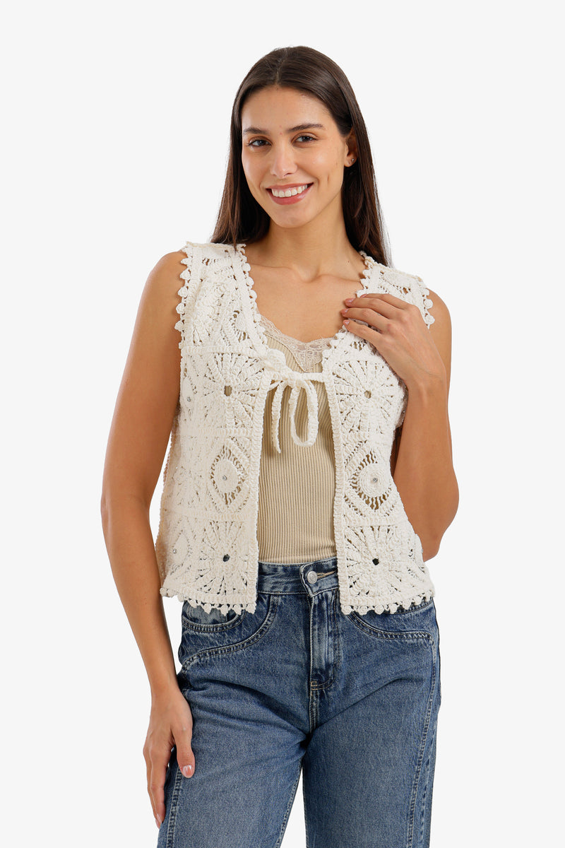 Tie-Front Crochet Kimono - Light Beige