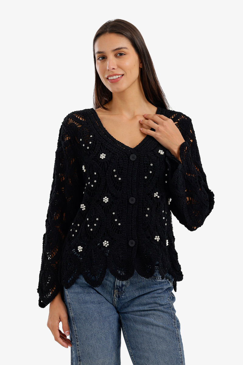 Pearl-Embellished Beach Kimono - Black