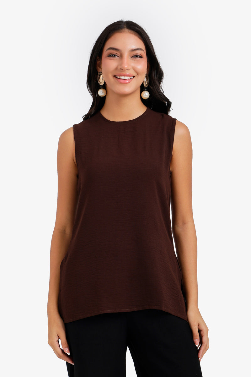 Textured Sleeveless Blouse – Dark Brown