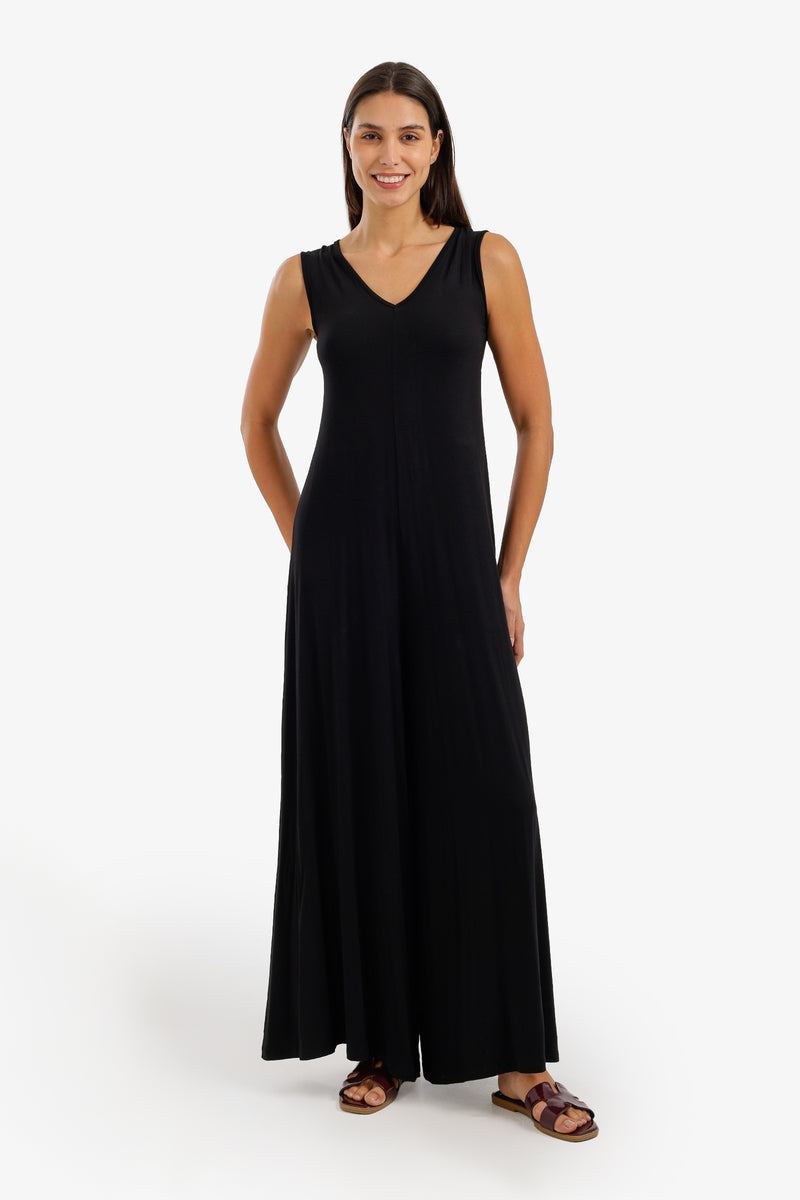 Solid Wide-Leg Lounge Jumpsuit – Black