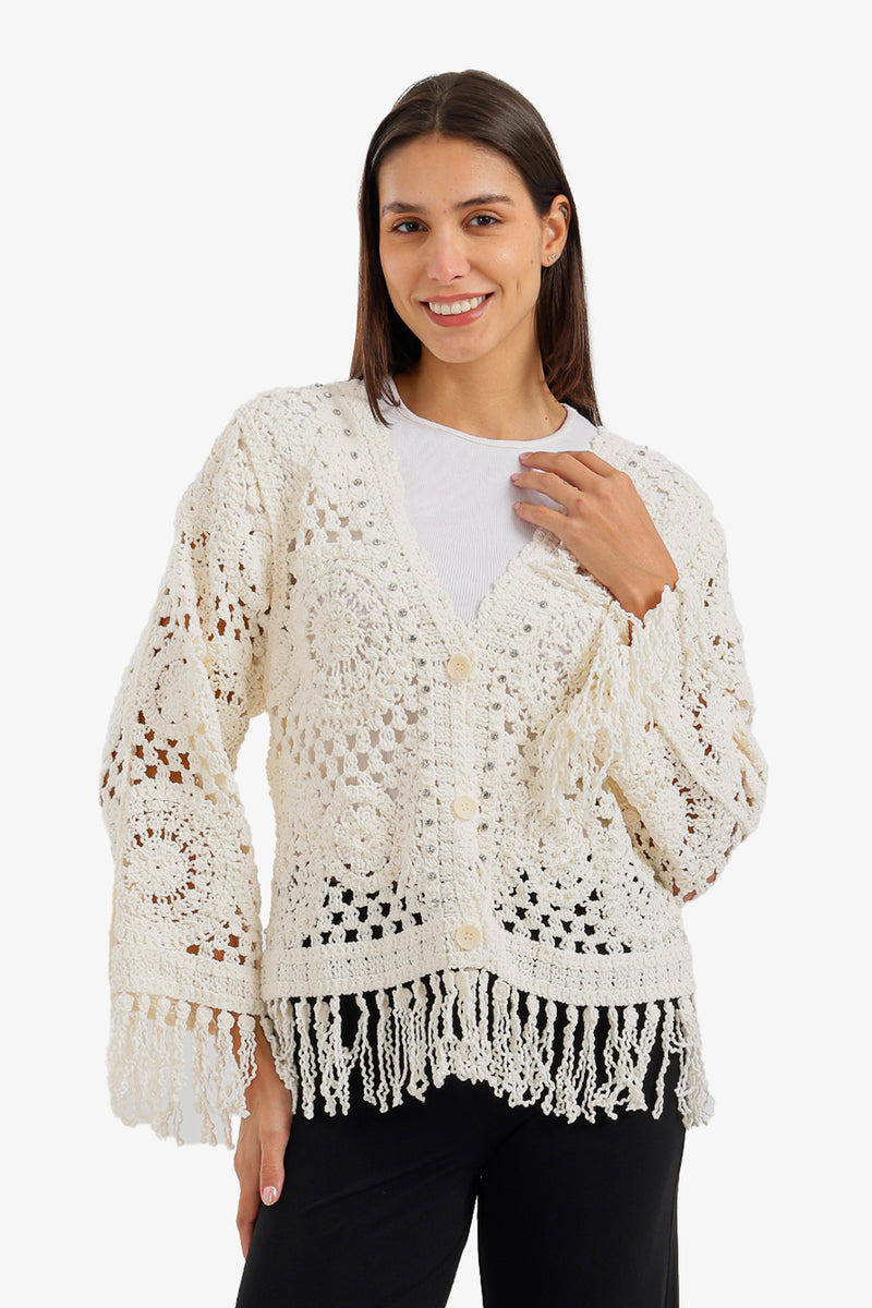 Fringed Crochet Kimono - Off White