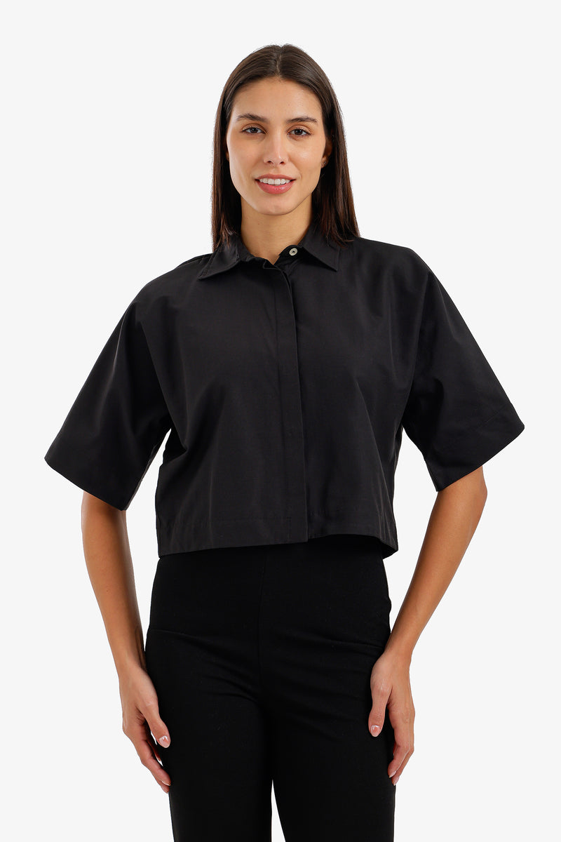 Cropped Hidden-Placket Shirt - Black
