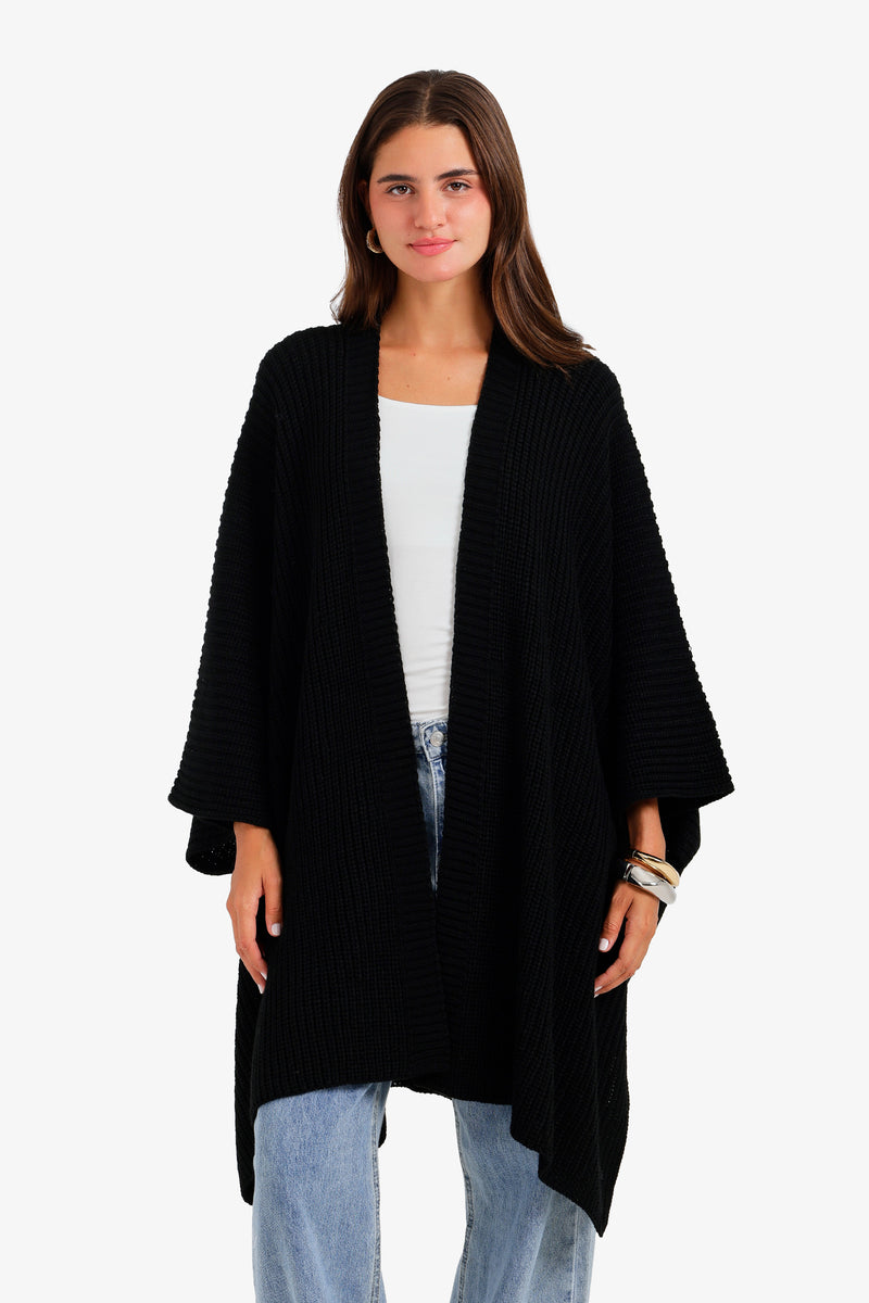 Ribbed Open-Front Batwing Poncho – Black