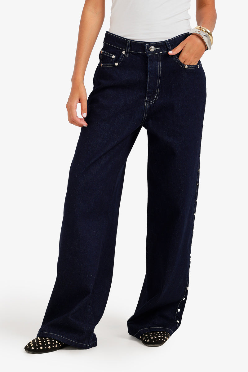 Side Studded Denim Pants – Navy