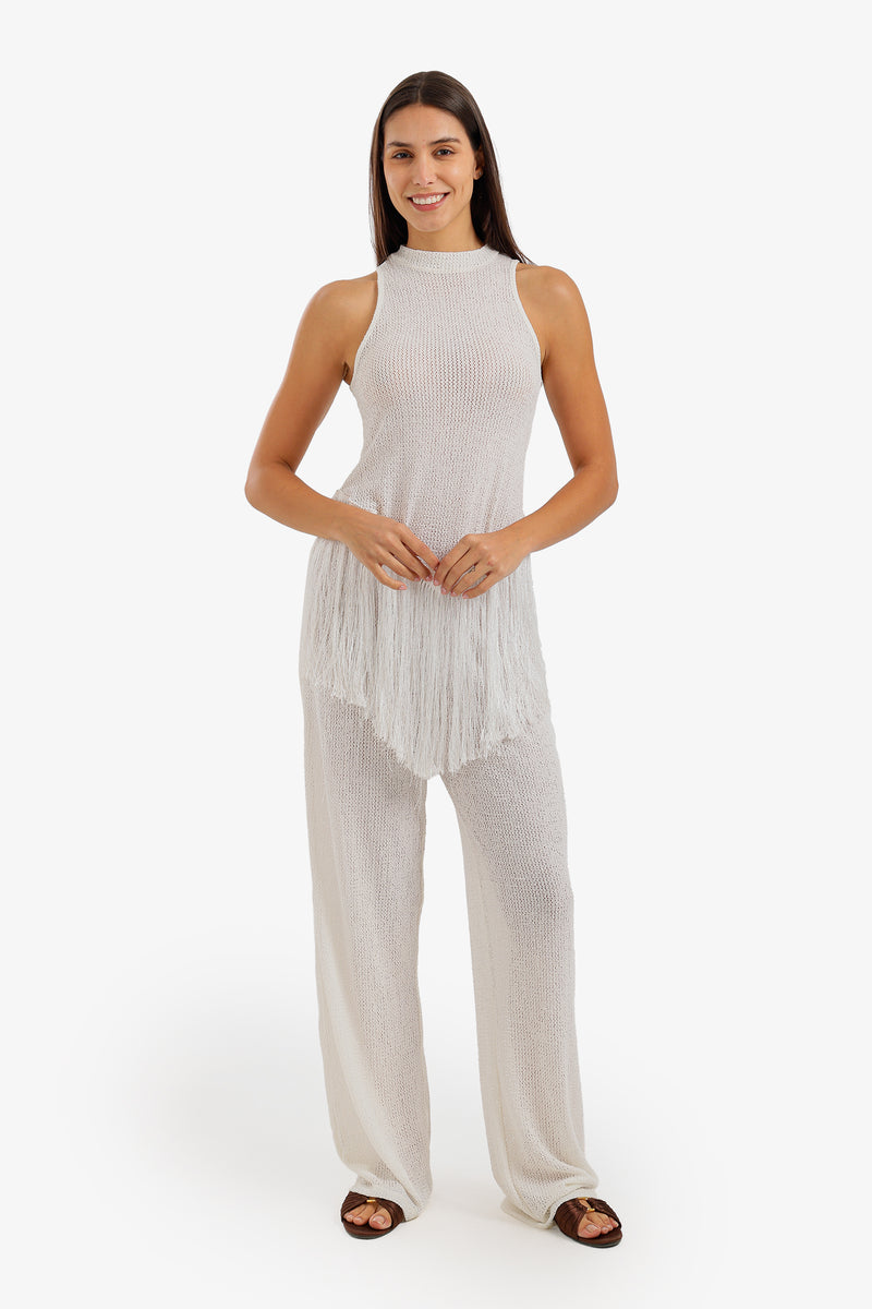 Fringed Perforated Beach Set - Off White