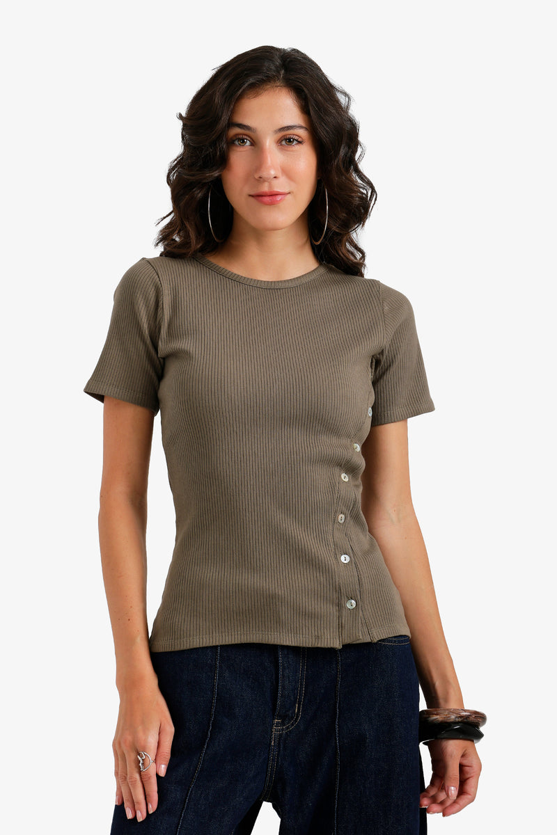 Ribbed Side Button Top - Olive