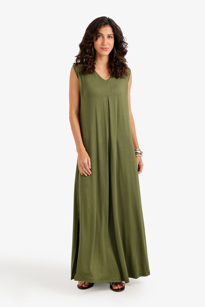 Plain Flowy Maxi Dress – Olive