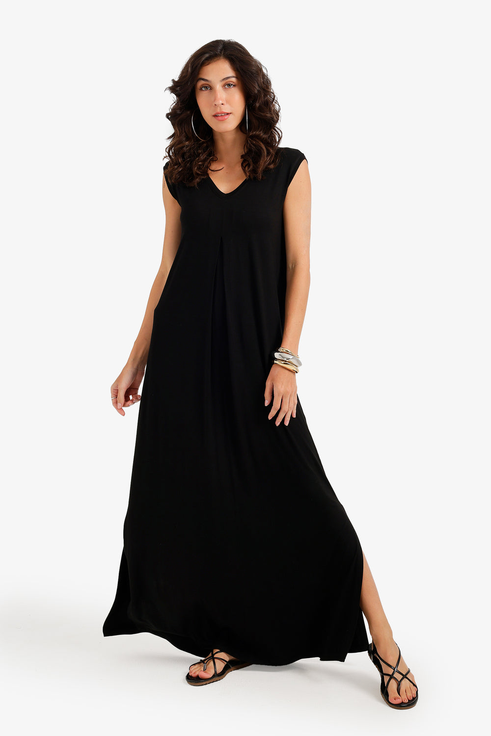 Plain Flowy Maxi Dress – Black