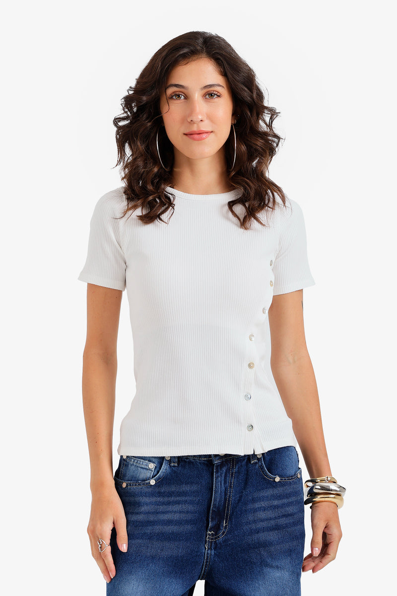 Ribbed Side Button Top - Off White