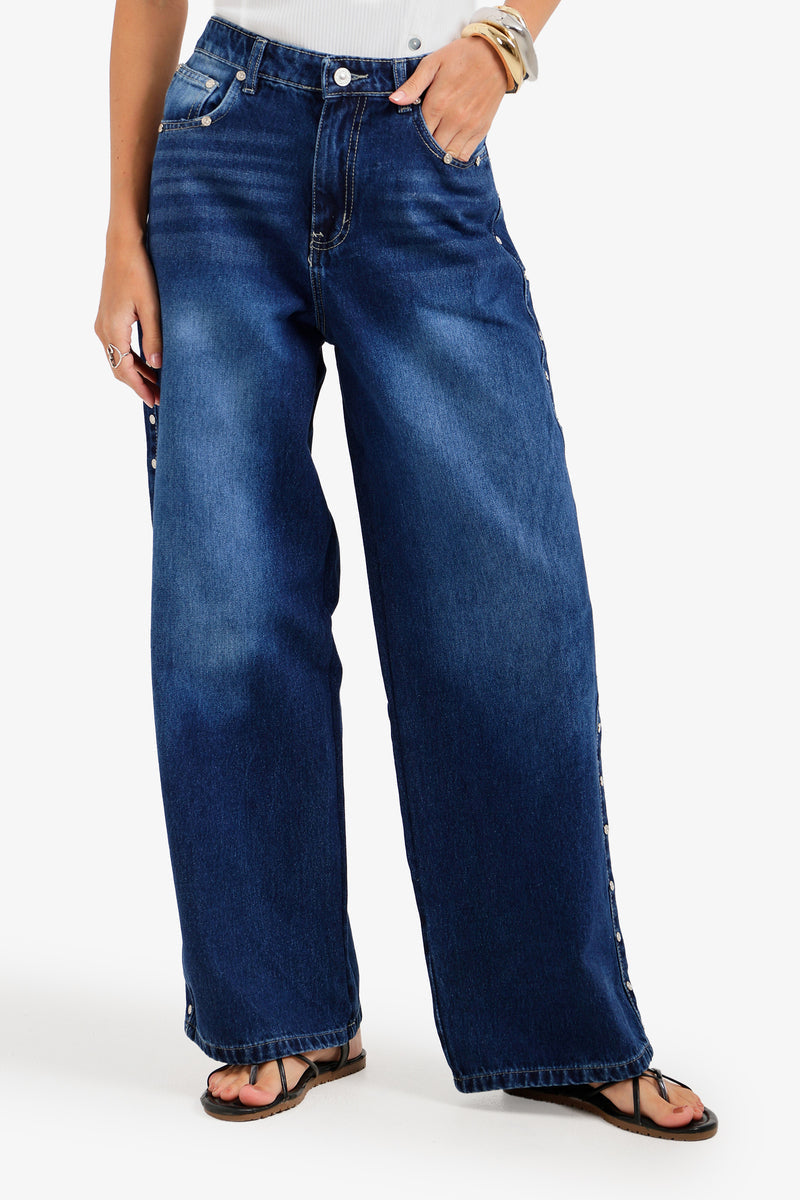 Side Studded Denim Pants – Blue